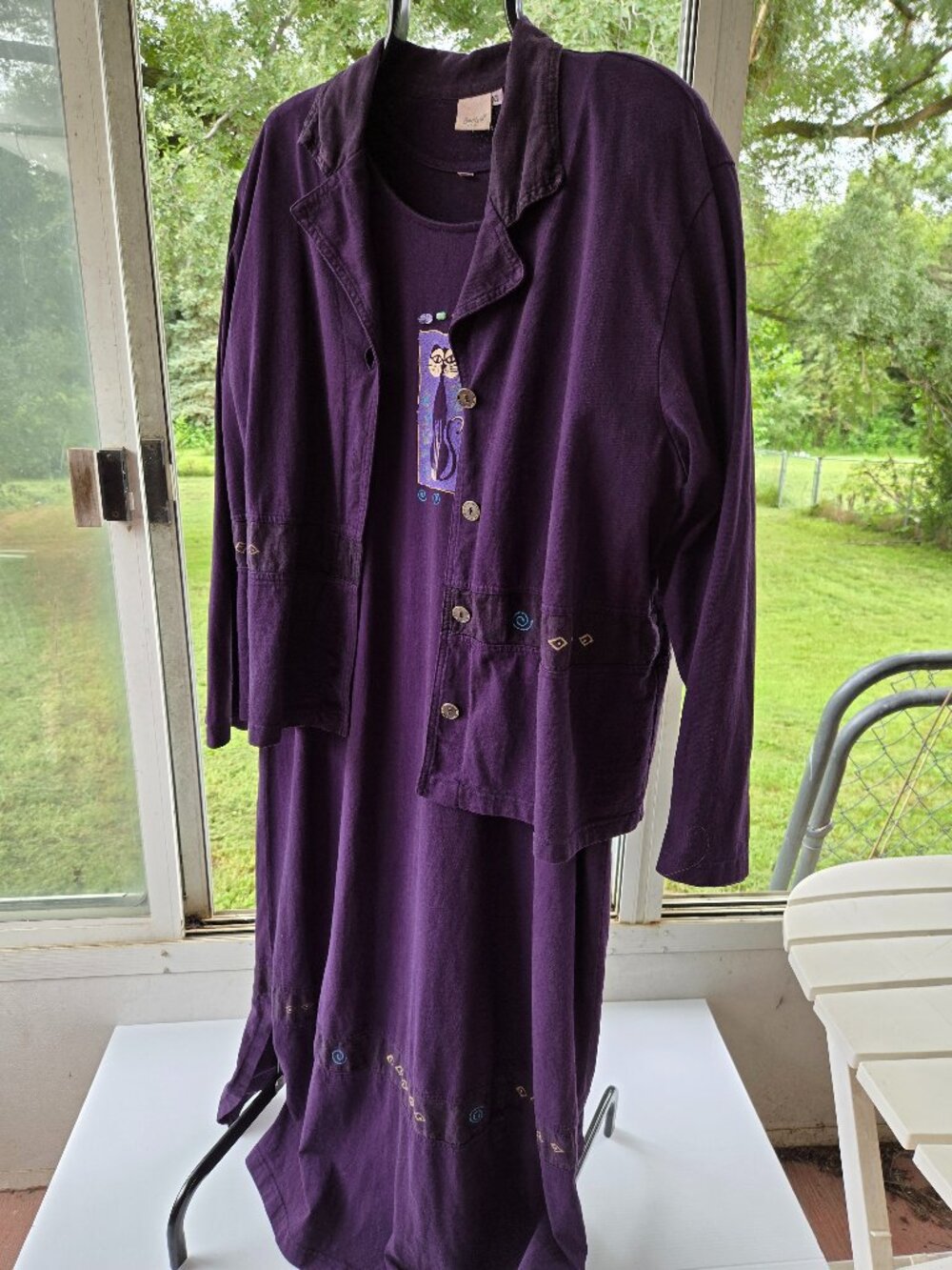 Vintage Focus Hand Painted Cat Short Sleeve Purple Dress with Jacket Size XL